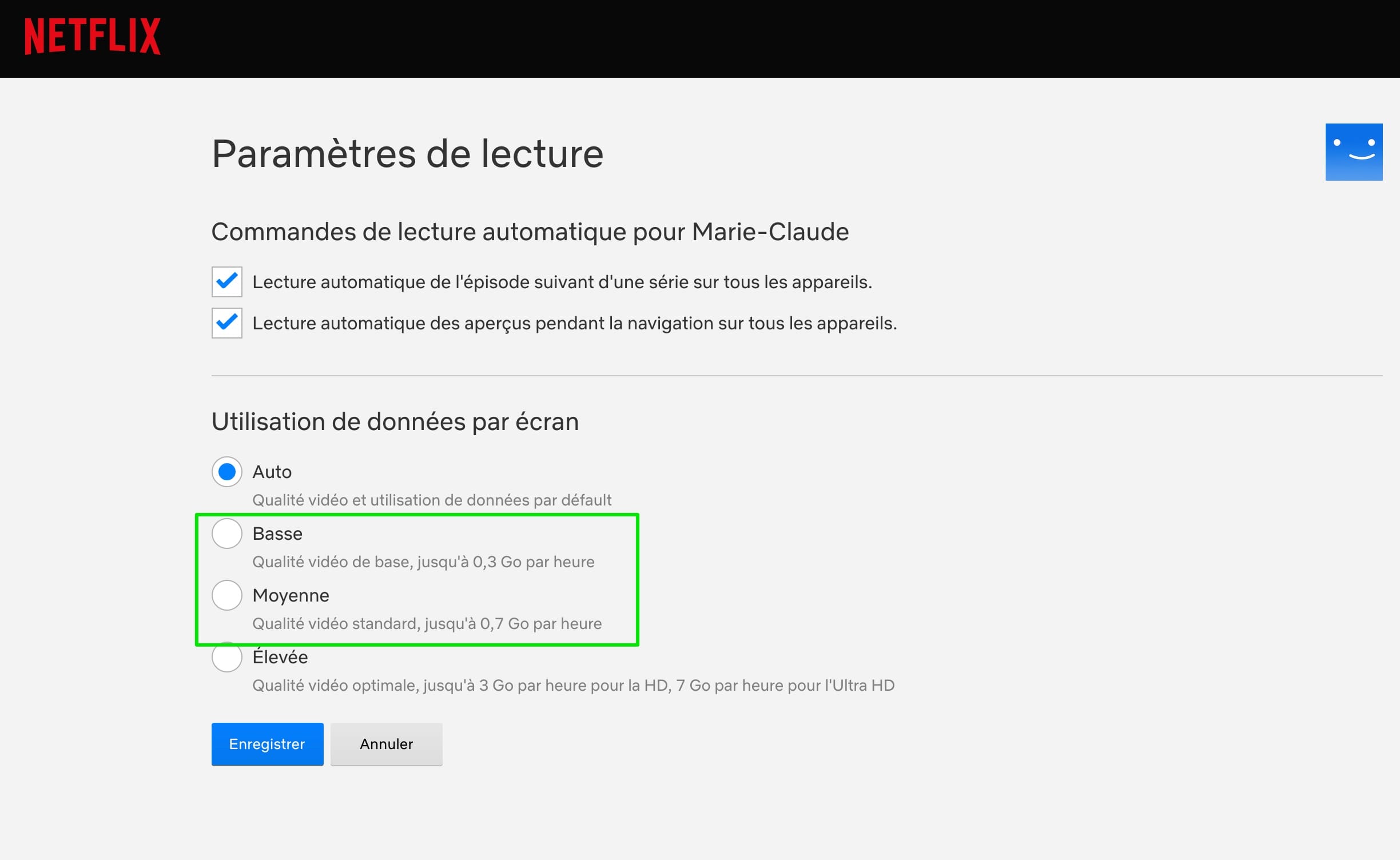 Paramètre de qualité vidéo Netflix