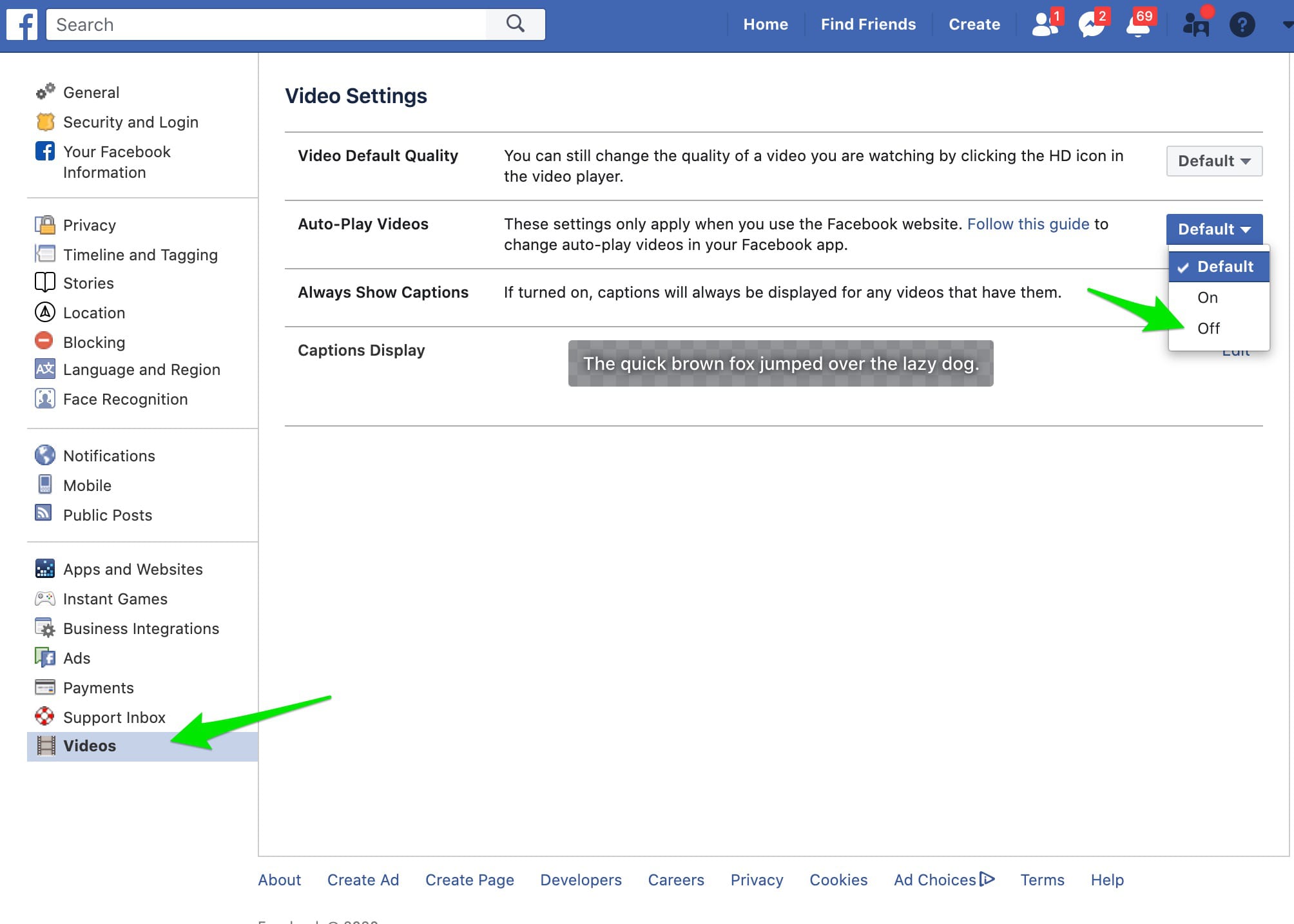 Paramètre de lecture vidéo Facebook